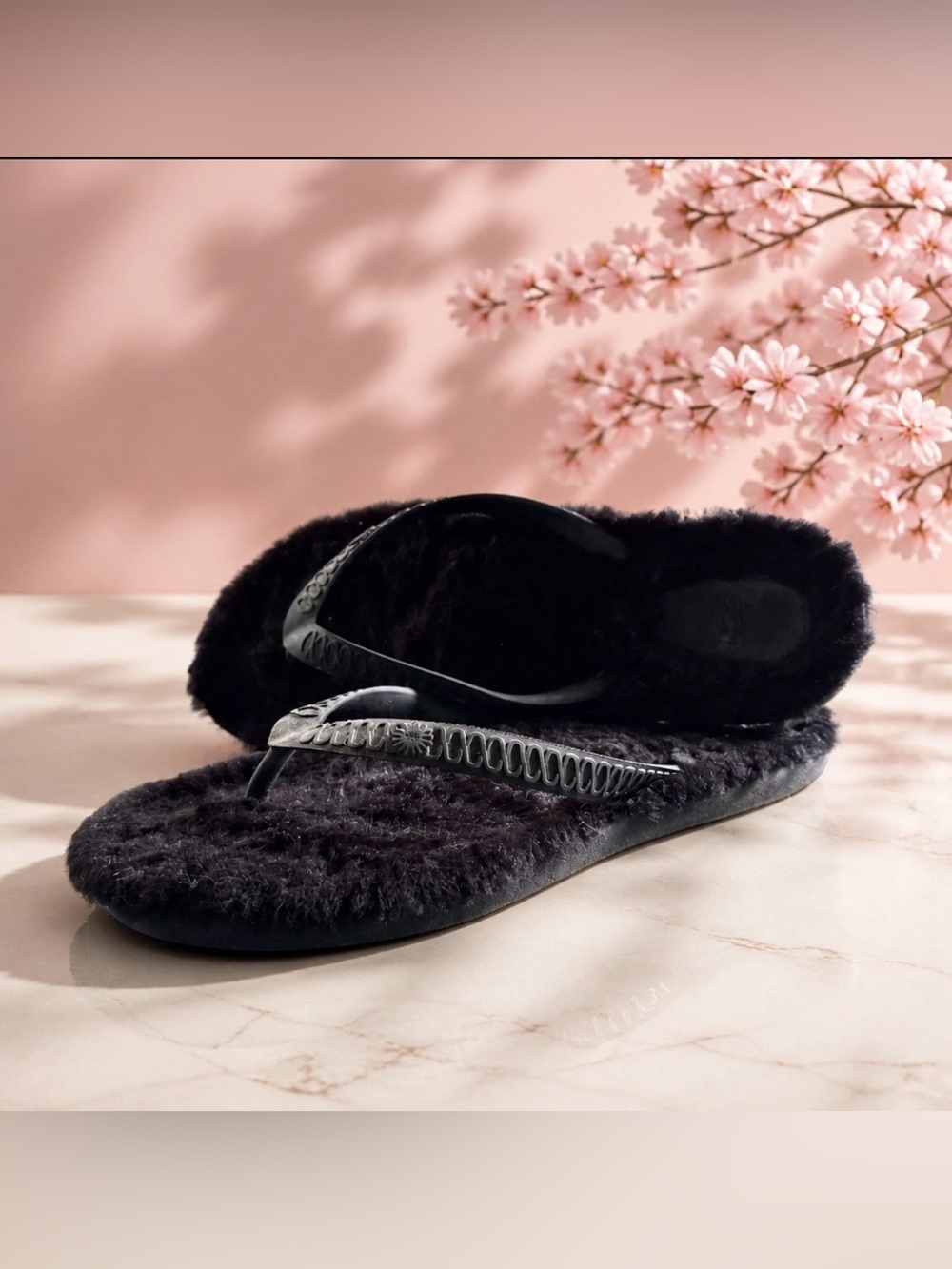 UGG Black Plush Flip-Flop Slippers